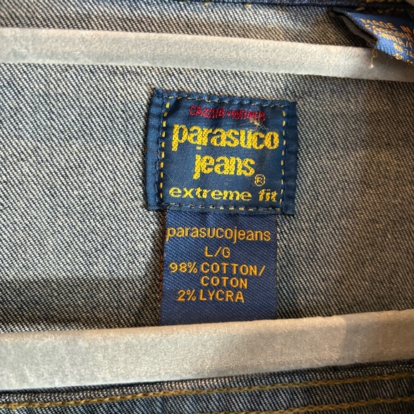 PARASUCO Sz L Jean Jacket Cropped Brass Toned Buttons Classic Cut Medium Wash - Picture 2 of 6
